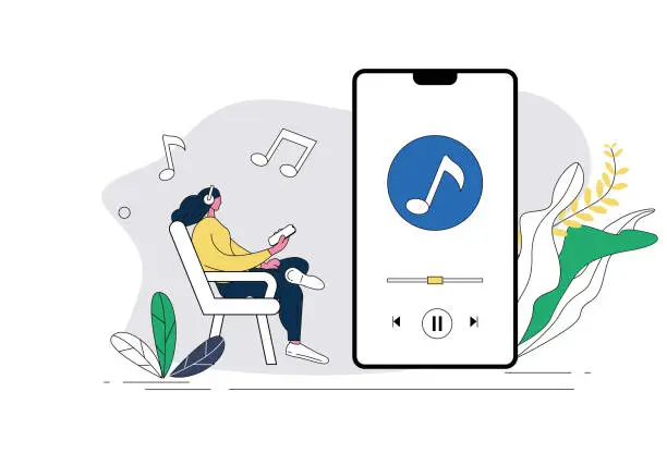 Vector illustration of Woman relaxing listening to music with mobile phone