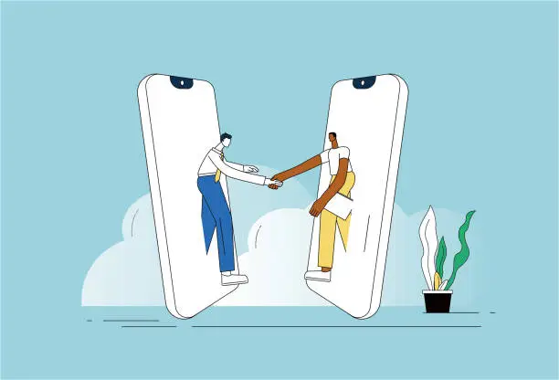 Vector illustration of The two businessmen shake hands through mobile phones.