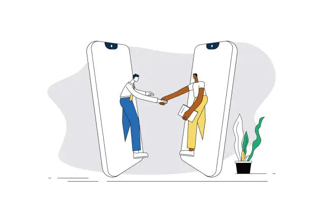 Vector illustration of The two businessmen shake hands through mobile phones.