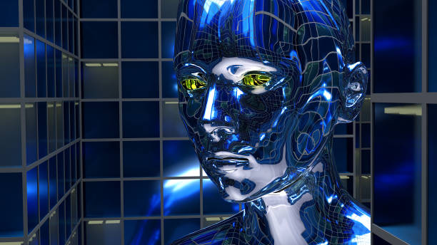 metal face artificial intelligence cybernetic android robot reflection 3D illustration stock photo