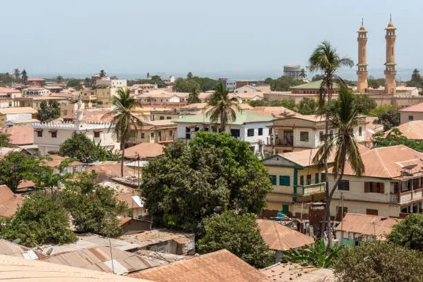 Aerial view of the city and mosque of Banjul, capital of The Gambia