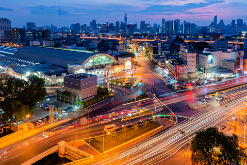 3 April 2019, Bangkok, Thailand : Main train station, Hua Lamphong station. The atmosphere, light lines, exciting movements