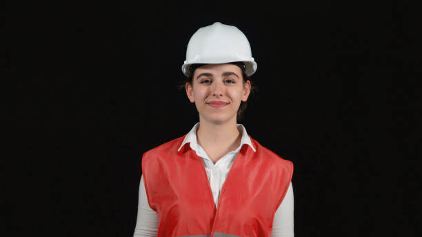 istock Nice engineer. Portrait of female industrial worker. 1359848034
