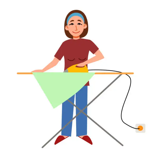 Vector illustration of The girl is ironing clean underwear. A woman cleans the house.