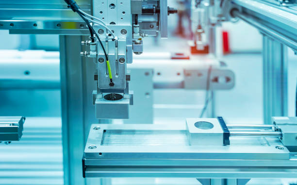 istock Automatic industrial robotic robot working, industry 4.0 and technology concept 1359848431