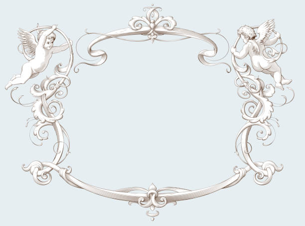 Elegant frame with cupids in old engraving style. Decorative element for weddings, Valentine`s day and other holidays. Elegant vintage border frame with cupids for weddings, Valentine`s day and other holidays. Decorative element in the style of vintage engraving with Baroque ornament. Hand drawn vector illustration. rococo style stock illustrations