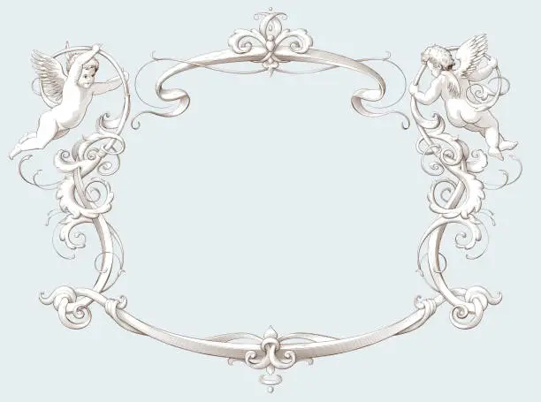 Vector illustration of Elegant frame with cupids in old engraving style. Decorative element for weddings, Valentine`s day and other holidays.