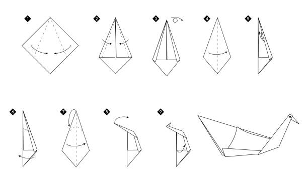 Step by step instructions how make origami swan Step by step instructions how to make origami swan. Simple monochrome black line DIY tutorial isolated on white. origami instructions stock illustrations