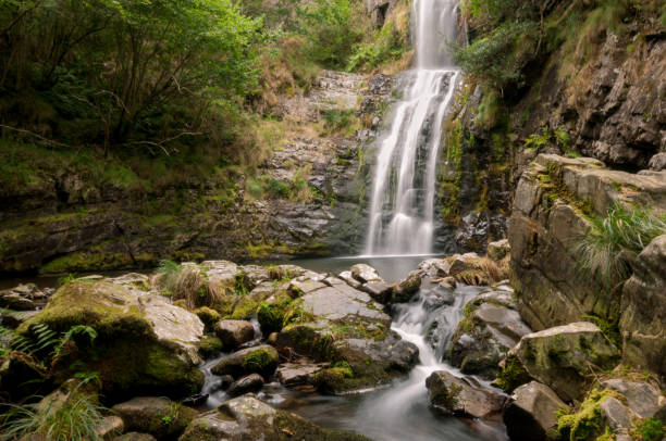 Hidden waterfall at the end of a hiking trail in digital format in rugged surroundings