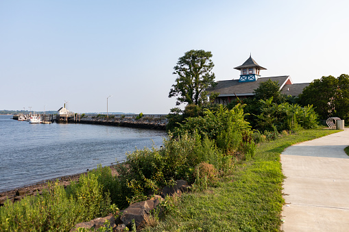 The waterfront along New Haven Harbor with green trees and plants at Long Wharf Park in New Haven Connecticut during the summer