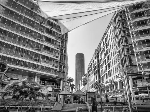 Amman, Jordan - 09.02.2021: Black and white picture with Amman Rotana 5 stars luxury Hotel located in Abdali district, Amman.