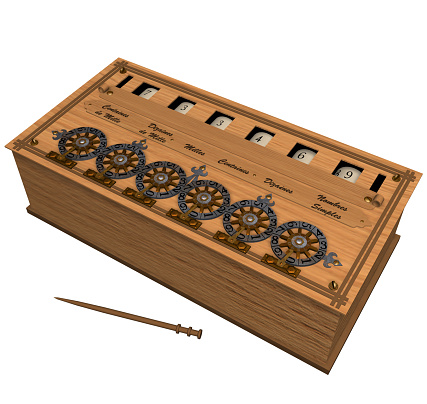 3D illustration of a Mechanical Calculating Device, designed and created by the famous French Mathematician and Inventor Blaise Pascal in the mid XVII Century, named Pascaline in honor of its creator.