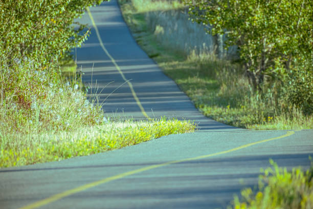 Early Spring landscape of a bike beside an open iron gate on the Great Sauk Trail passing through a forest on a sunny day near Prairie du Sac, Wisconsin.