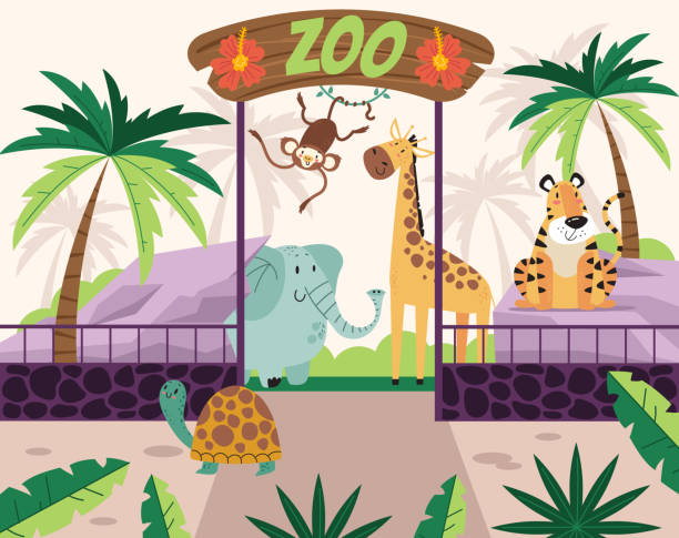 ilustraciones, imágenes clip art, dibujos animados e iconos de stock de bienvenida puerta zoo y concepto de animales de la selva. ilustración vectorial plana de dibujos animados - zoo