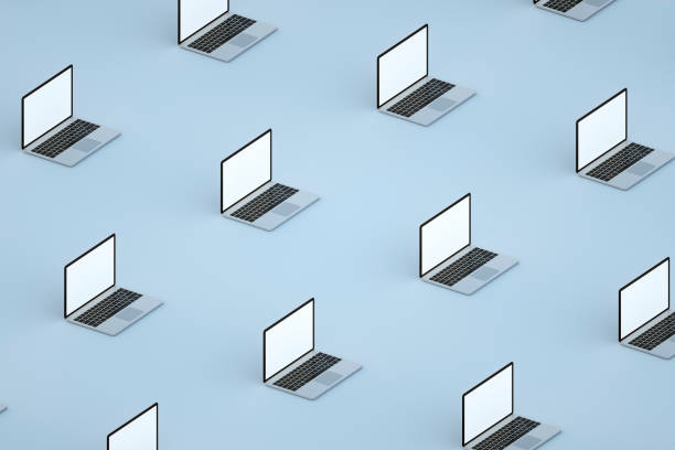 istock Mockup set of many open laptop on blue background. Isometric view. 3d render 1359858896