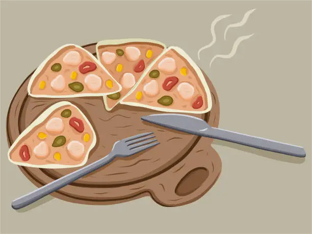 Vector illustration of hand drawn cartoon style delicious pizza.