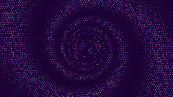 Spiral dotted neon halftone background. Dots in circular form for technology or business concept. Vector background