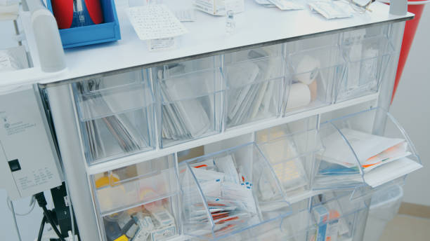 istock Drawer with medical equipment inside in doctor's operating room 1359860245