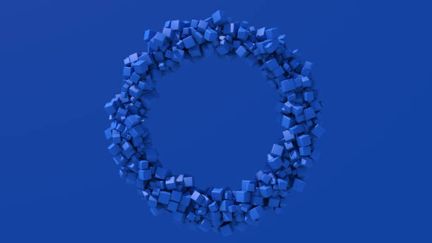 istock Abstract circle shape with blue cubes. Blue background. Monochrome illustration, 3d render. 1359860326