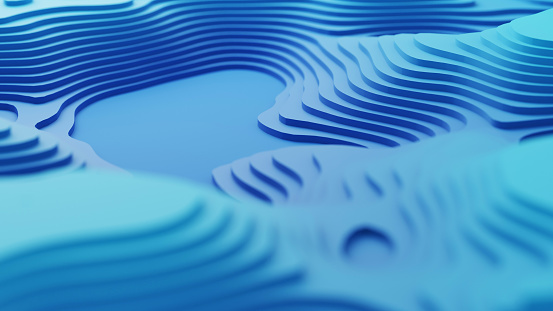 3d render of abstract blue gradient topographic relief map focus