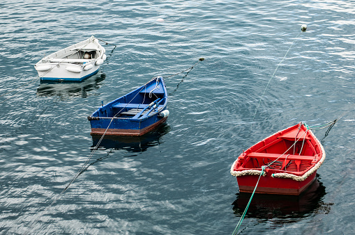 Several small fishing boats moored in the port lined up diagonally with varied colors