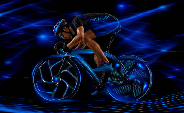 istock Man racing cyclist on dark background 1359864119