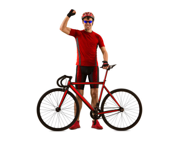 istock Cyclist man cycling riding bicycle standing smiling isolated 1359864137