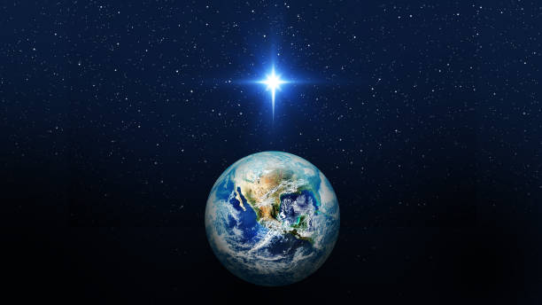 bright star over planet earth. christmas star of the nativity of bethlehem, nativity of jesus christ. elements of this image furnished by nasa - images-assets.nasa.gov/image/pia18033/pia18033~orig.jpg - bright new life earth globe imagens e fotografias de stock