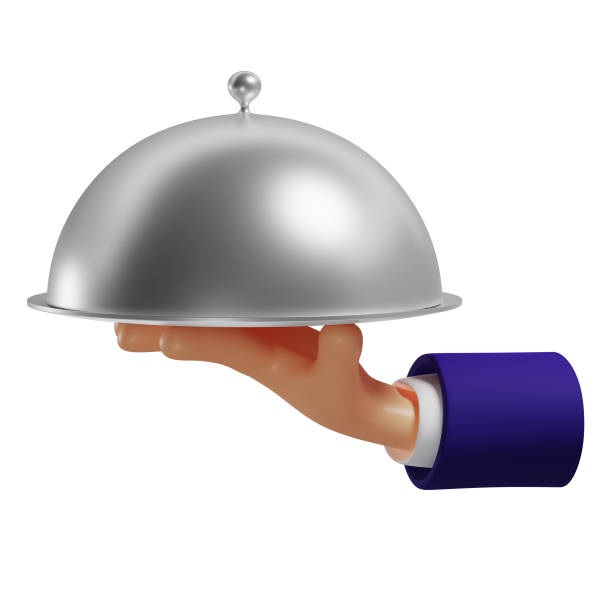 3d hand holding a dish with a lid, serving hot dishes, isolated illustration on a white background, 3d rendering