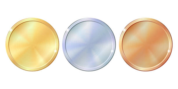Set of gold, silver and bronze round empty medals. Set of gold, silver and bronze round empty medals. Concept of an award for victory winning first placement achievement or quality isolated on white background. Can be used as a coin button icons coin stock illustrations
