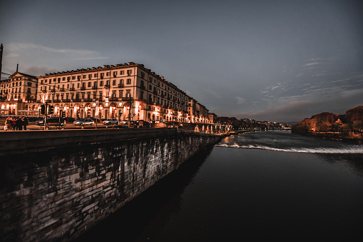 Quayside Of Po River And Cars Near Beautiful Architecture In Turin, Italy