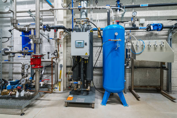 istock Water filter warehouse with four large blue tanks 1359866229