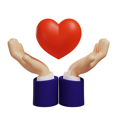 Charity and donation, 3d hands holding and giving heart isolated on white background, 3d illustration