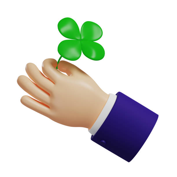 3d four-leaf clover in hand, a symbol of good luck, saint patrick's day, isolated on white background, 3d illustration - four leaf clover clover luck leaf imagens e fotografias de stock
