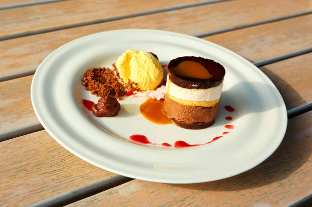 istock close up caption with chocolate and vanilla cake served with vanilla ice cream, caramel and fruit syrup aside 1359867528