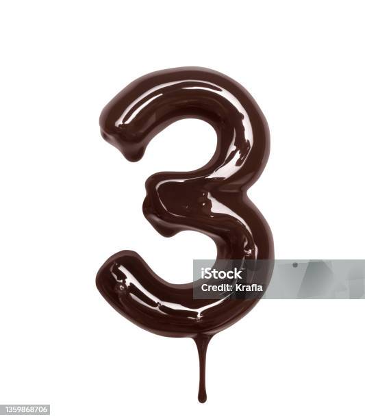 Number 3 With Dripping Drop Is Made Of Melted Chocolate Isolated On White Background Stock Photo - Download Image Now