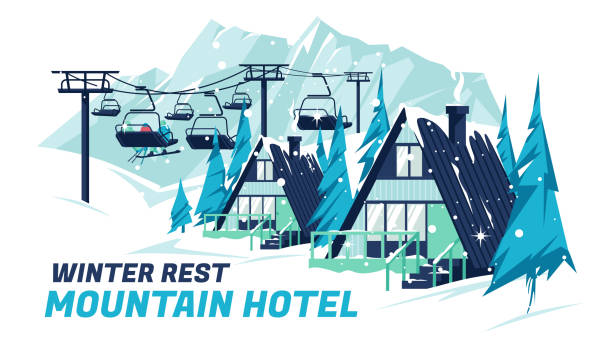 ilustrações de stock, clip art, desenhos animados e ícones de wooden chalet houses on the background of the mountain lift. hotel for winter sports. mountain landscape. flat vector illustration. - estância de esqui