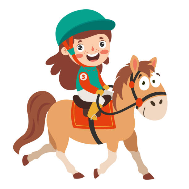 illustrazioni stock, clip art, cartoni animati e icone di tendenza di illustrazione del cartone animato di un bambino che cavalca il cavallo - horse child pony little girls