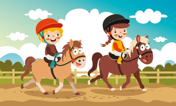 子供乗馬馬の漫画イラスト - mounted点のイラスト素材／クリップアート素材／マンガ素材／アイコン素材