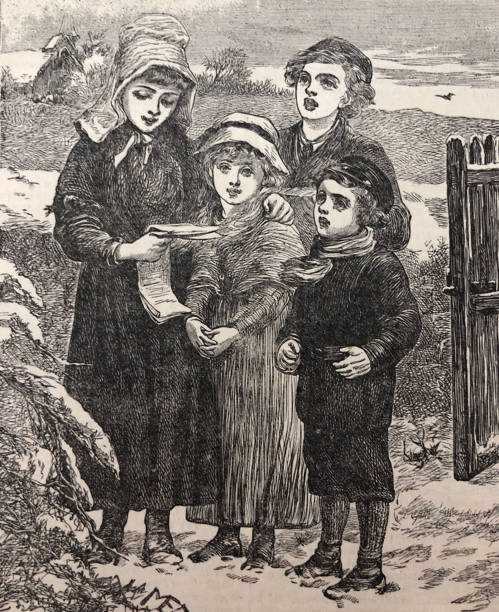 Antique illustration - children gathered by an outdoors gate singing a Christmas carol vector art illustration