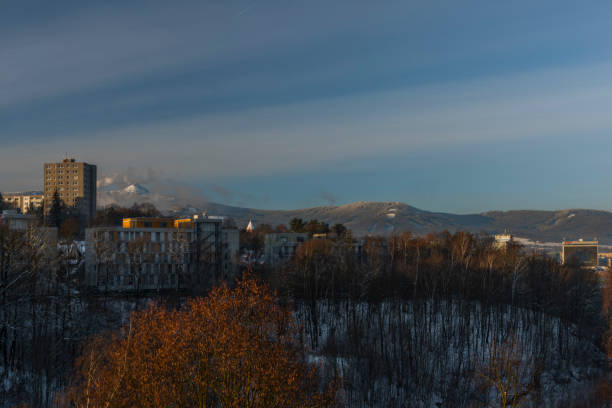 Jested hill with lookout tower and transmitter over Liberec city in north Bohemia in winter sunny day