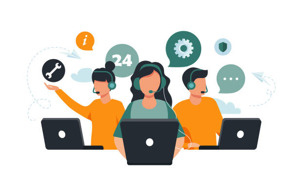 ilustrații de stoc cu servicii pentru clienți, operatori de linii telefonice de urgență consultă clienții cu căști pe computere, suport tehnic online global 247, call center, sistem de procesare a apelurilor, ilustrație vectorială - suport