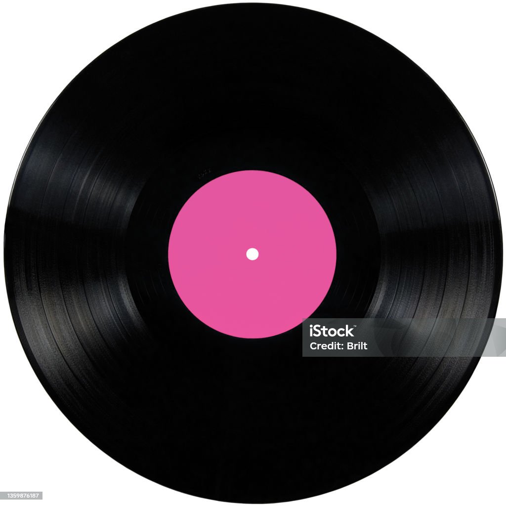 Black vinyl record lp album disc; isolated long play disk with blank label in pink Black vinyl long play record lp album disc flat lay isolated long play disk, blank empty copy space background label tag in pink 1950-1959 stock illustration