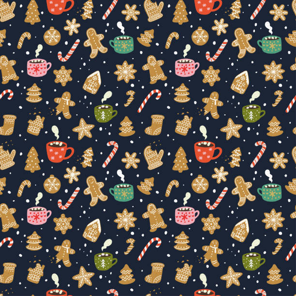 진저 브레드 쿠키, 컵 및 사탕 원활한 패턴 - cookie christmas gingerbread man candy cane stock illustrations