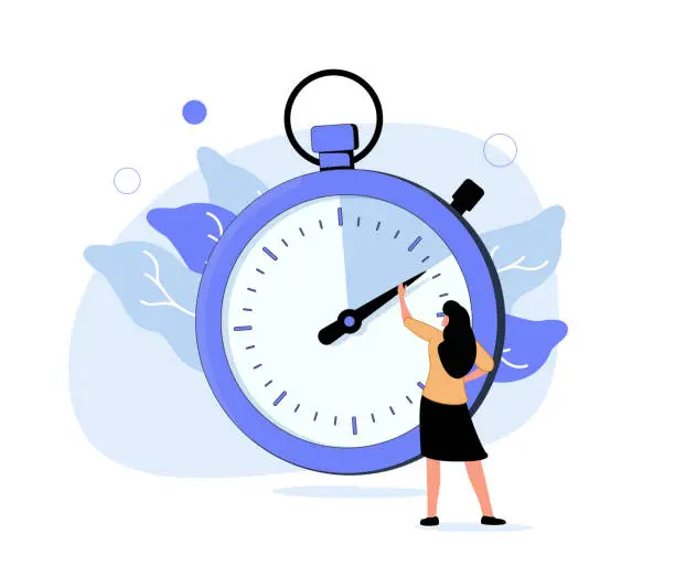 Vector illustration of Woman looking at stopwatch and counting seconds. Concept of marketing project launch optimization, perfect timing, time.