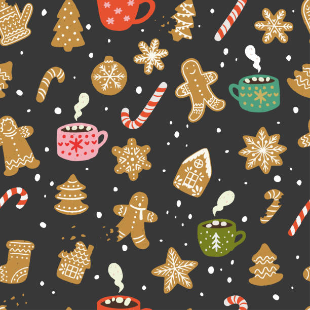 ilustrações, clipart, desenhos animados e ícones de biscoitos de gengibre, xícaras e doces padrão perfeito - 3693