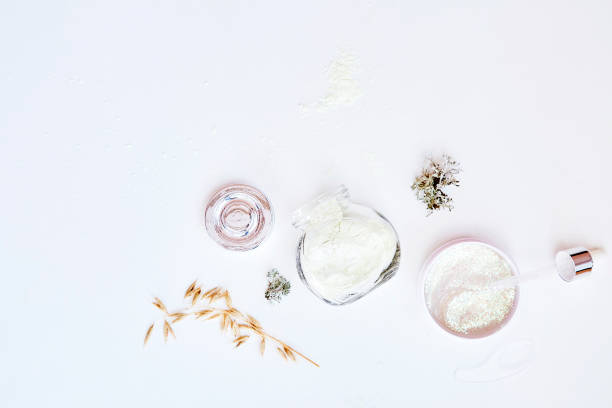 istock Wellness natural face care cosmetics set on white gradient background. Alginate mask,pipette and patches. Eco forest moss and oat. Hyaluronic and moisturizing cosmetic. Dermatology natural products 1359878857