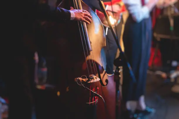 Concert view of a contrabass violoncello player with vocalist and musical band during jazz orchestra band performing music, violoncellist cello jazz player on stage"n
