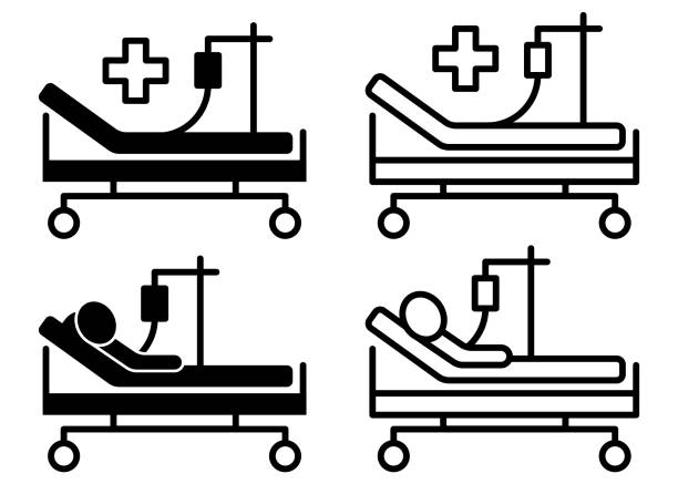 ilustraciones, imágenes clip art, dibujos animados e iconos de stock de icono de línea de la unidad de cuidados intensivos. reanimación, rehabilitación, sala de hospital. concepto de medicina. ilustración vectorial. - patient room