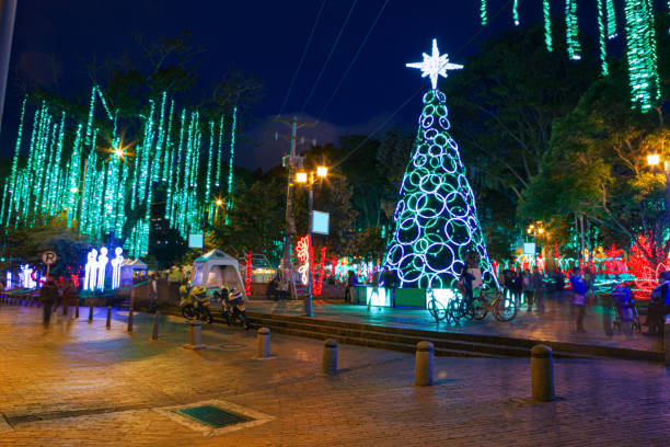 Bogota, Colombia, South America - Christmas LED Illumination On Plaza Usaquén Including Christmas Tree In The South American Capital City stock photo